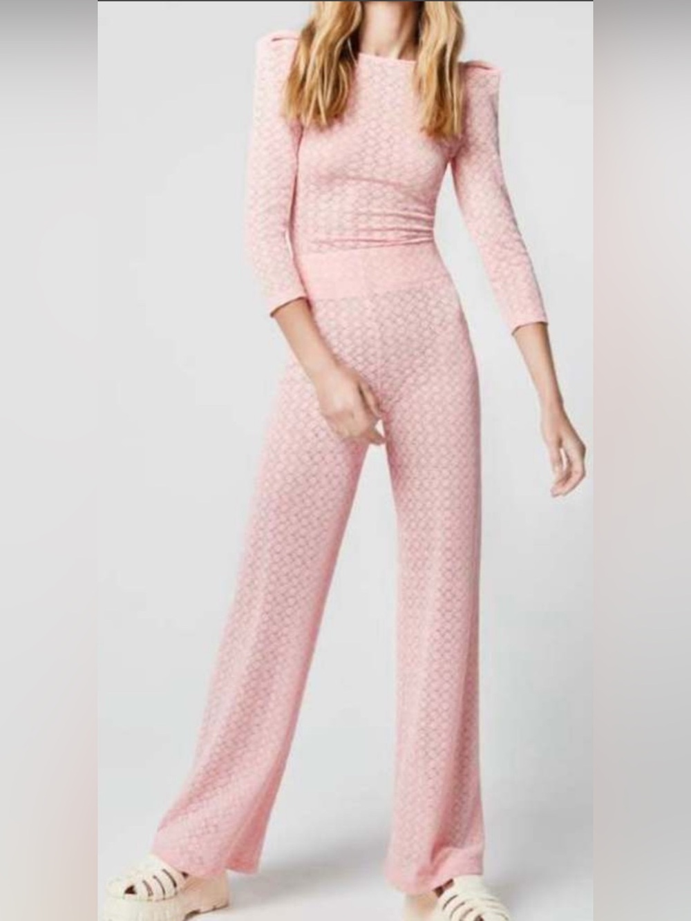 NWT $395 SMYTHE Keeley Pointelle Knit Pants Shell Pink Sheer Flare High Rise